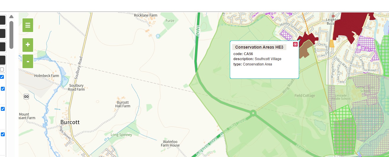 Central Bedfordshire policy map showing the South Green Belt west of Linslade with local roads visible